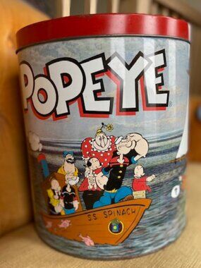 Vintage "I yam what I yam" Spinach man et all Happy Snax Tin 12" Tall -Go Popeye